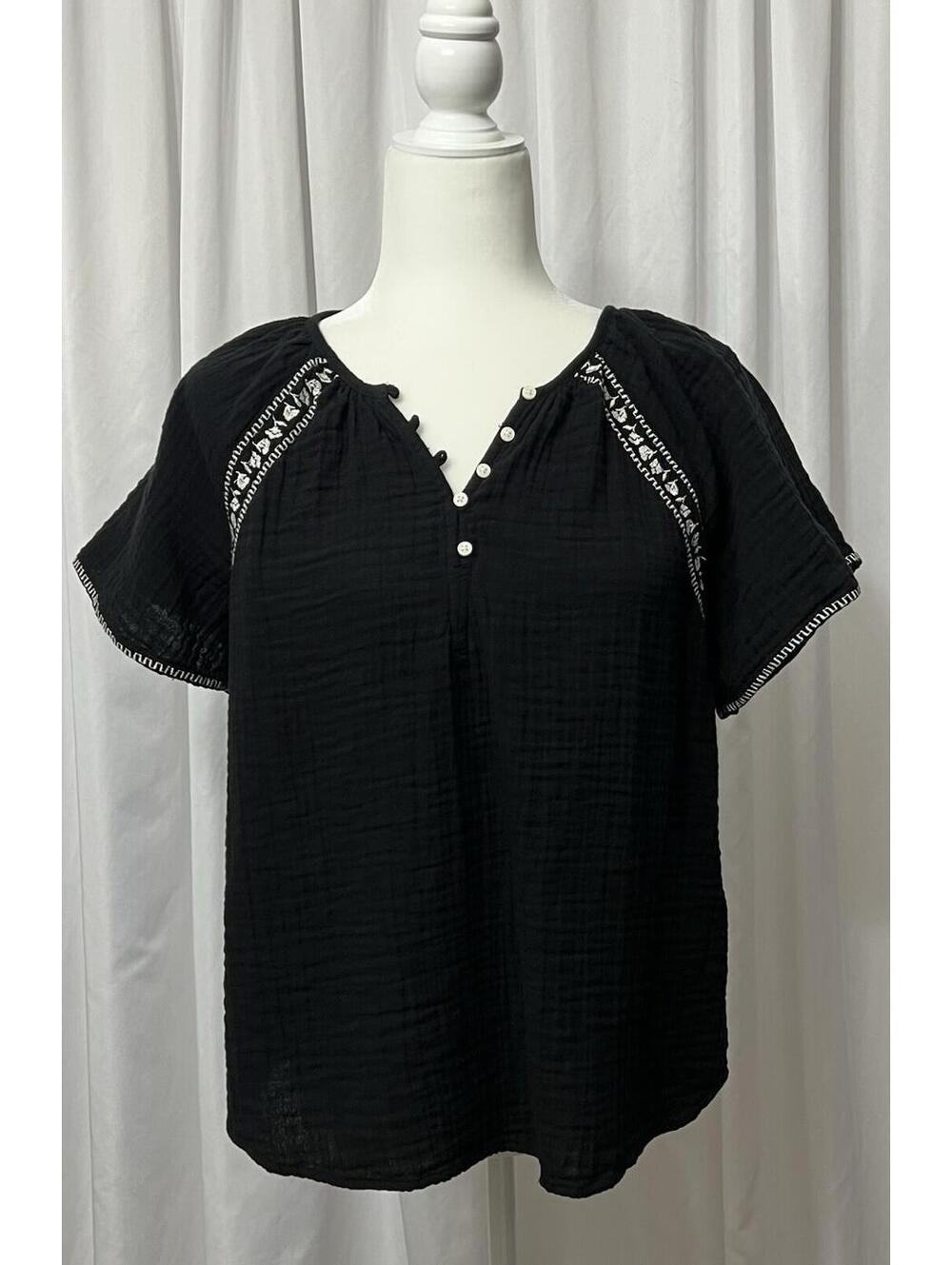 Old Navy Flutter Sleeve Cotton Blouse Black Embroidered Flowy Size M Medium